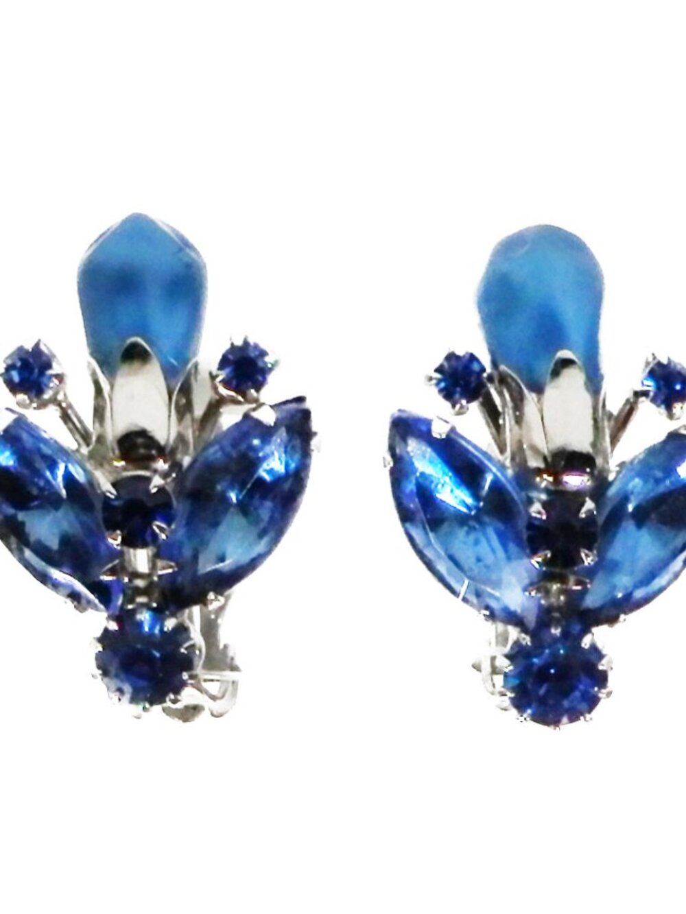 Vtg Weiss Royal Blue Marquise Rhinestone Pearl Clip On Earrings Silver Tone